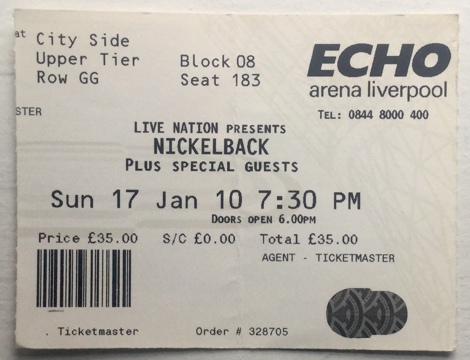 Nickelback Original Unused Concert Ticket Echo Arena Liverpool 17th Jan 2010
