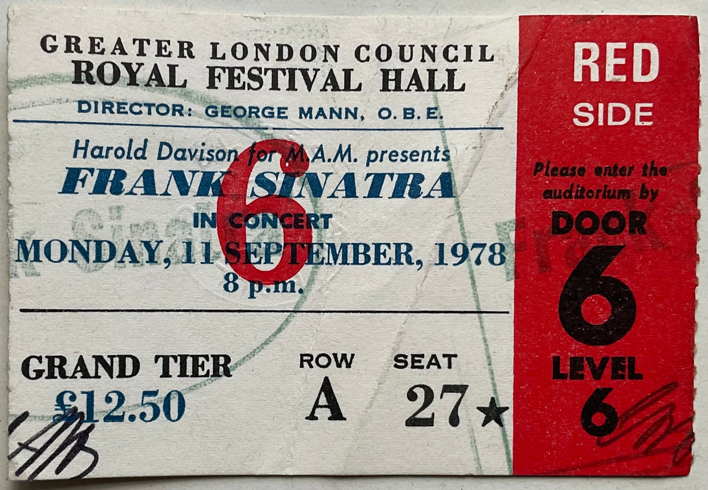 Frank Sinatra Original Used Concert Ticket Royal Festival Hall London 11th Sept 1978