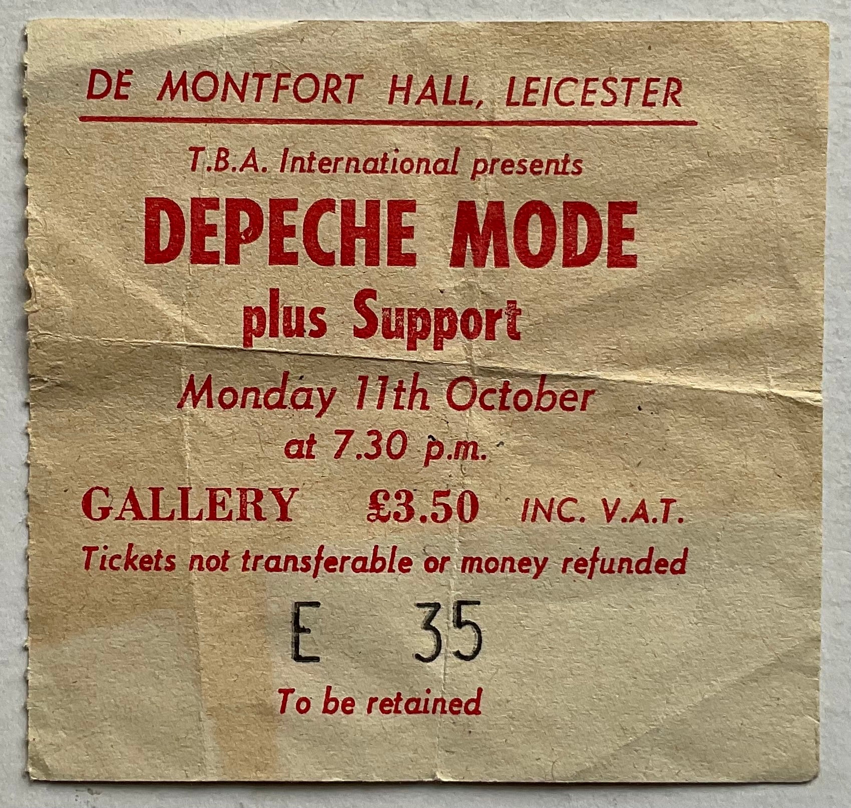 Depeche Mode Original Used Concert Ticket De Montfort Hall Leicester 11th Oct 1982