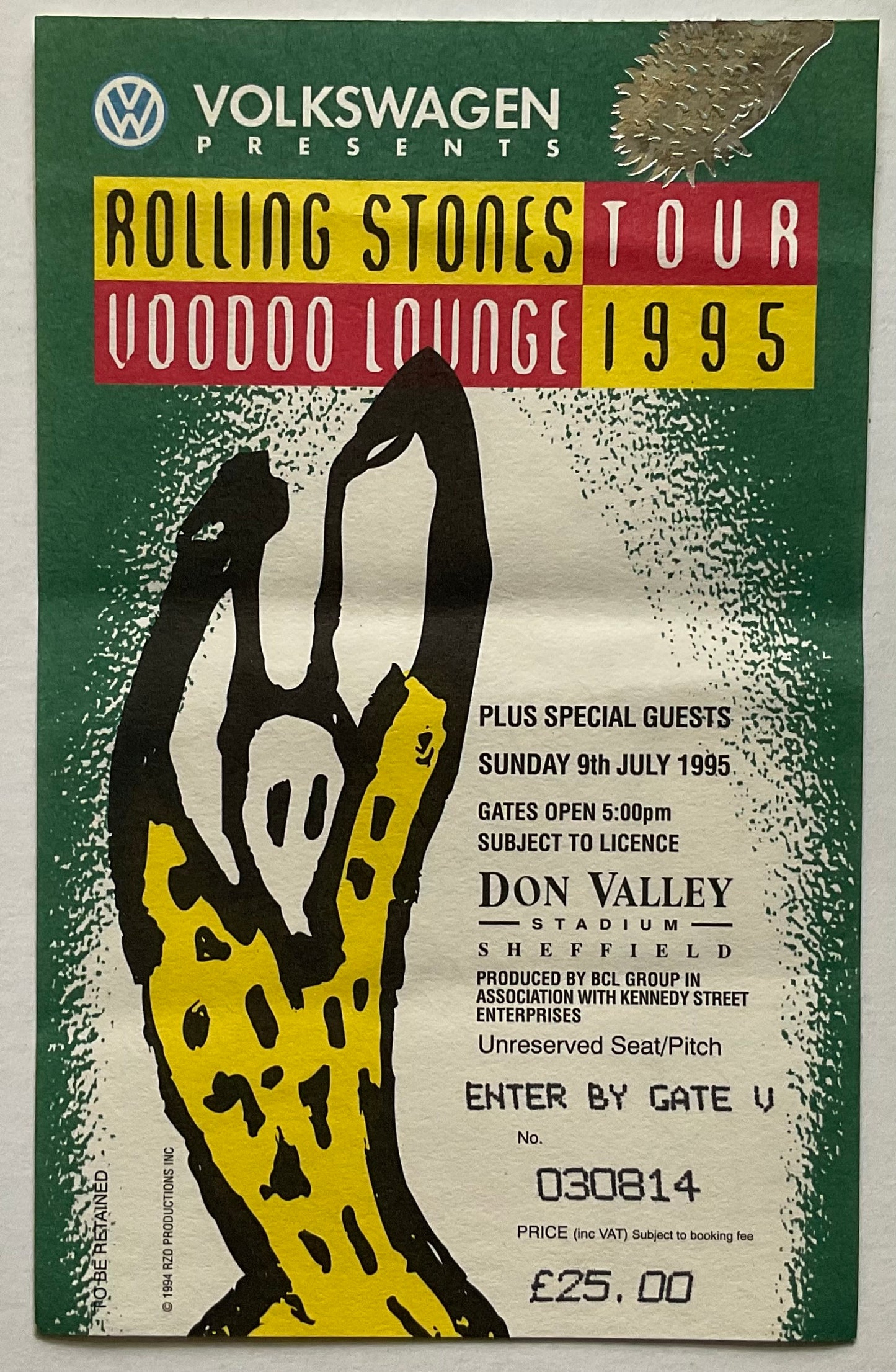 Rolling Stones Original Concert Ticket Don Valley Stadium Sheffield 9th July 1995