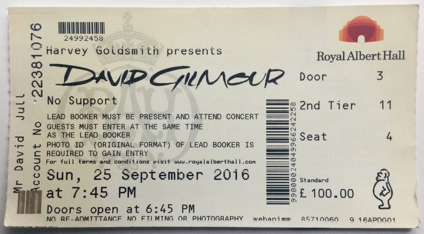Pink Floyd David Gilmour Original Used Concert Ticket Royal Albert Hall London 25th Sept 2016