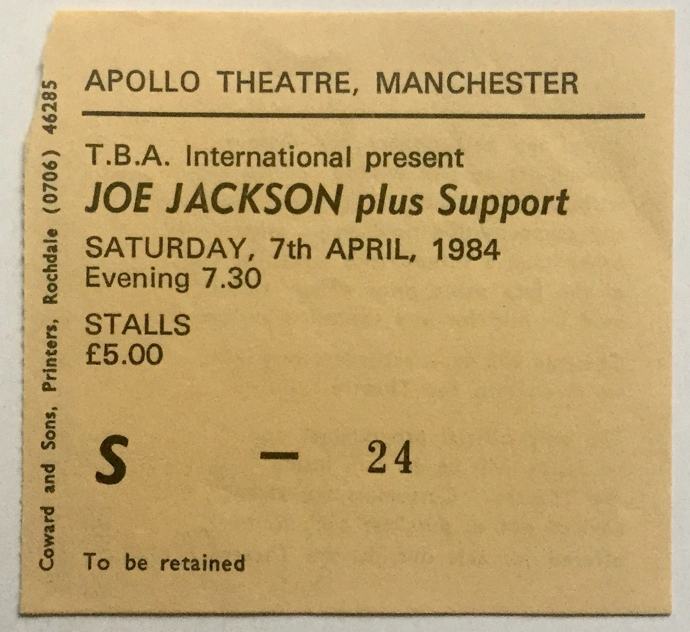 Joe Jackson Original Used Concert Ticket Apollo Theatre Manchester 7th Apr 1984