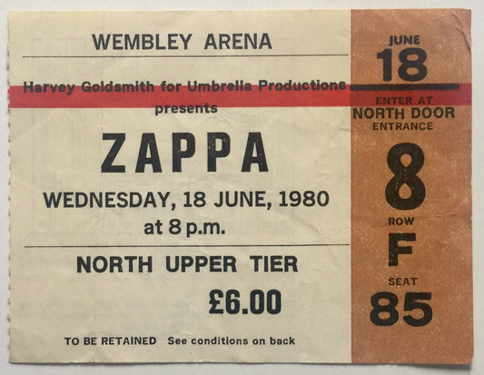 Frank Zappa Original Used Concert Ticket Wembley Arena London 18th June 1980