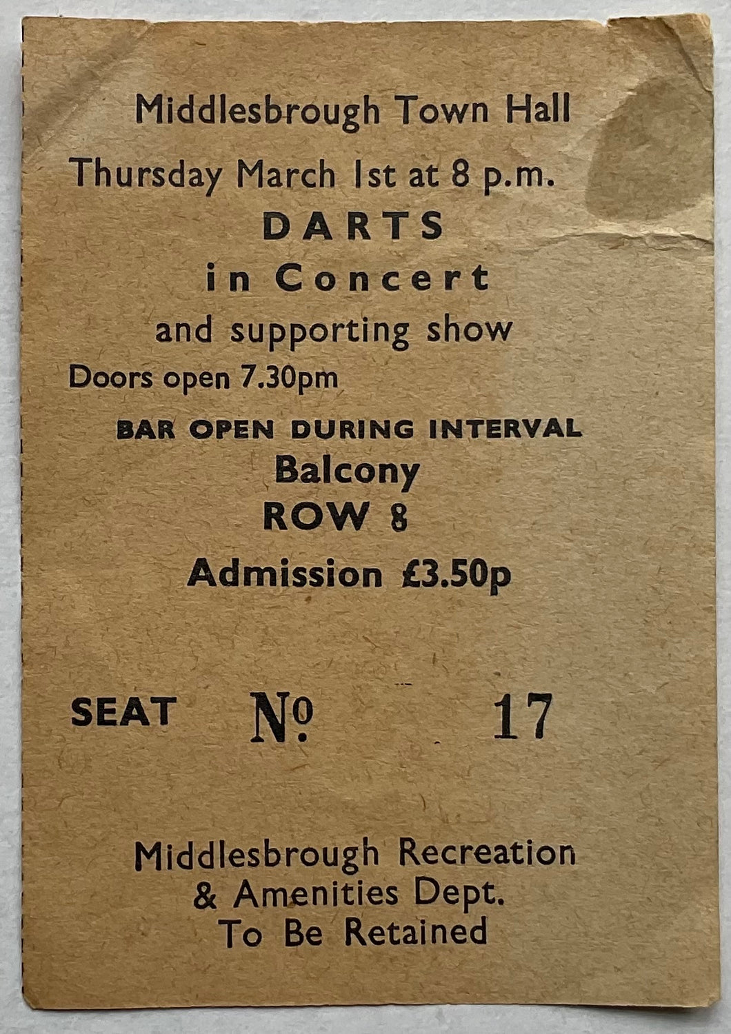 Darts Original Used Concert Ticket Middlesbrough Town Hall 1st Mar 1979