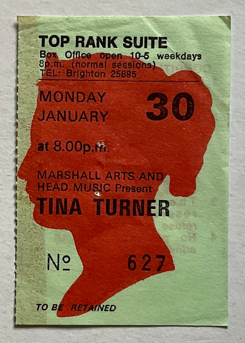 Tina Turner Original Concert Ticket Tip Rank Suite Brighton 30th Jan 1984