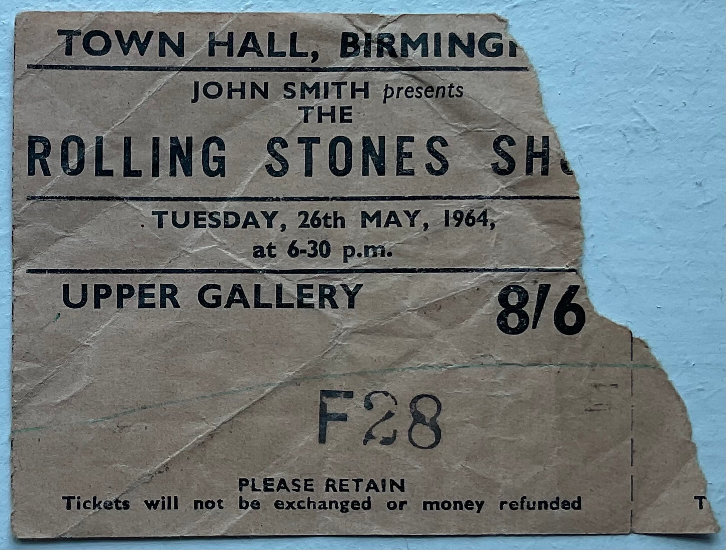 Rolling Stones Original Used Concert Ticket Town Hall Birmingham 26th May 1964