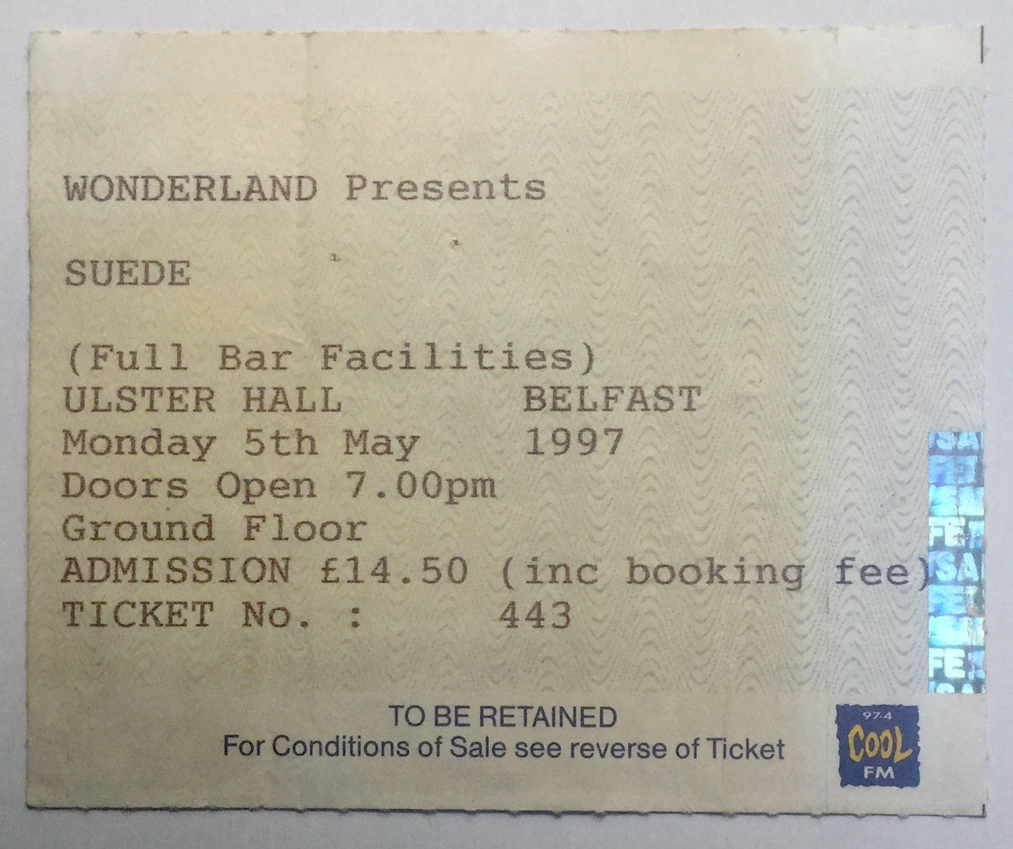 Suede Original Used Concert Ticket Ulster Hall Belfast 5th May 1997