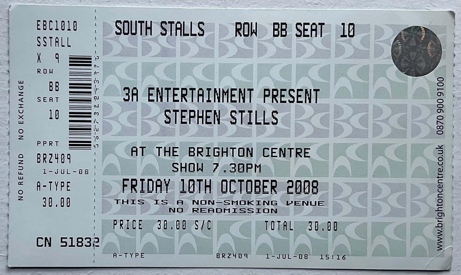 Stephen Stills Original Used Concert Ticket Brighton Centre 10th Oct 2008
