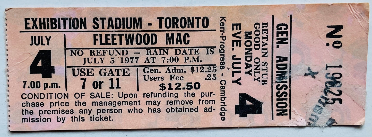 Fleetwood Mac Original Unused Concert Ticket Exhibition Stadium Toronto 4th Jul 1977