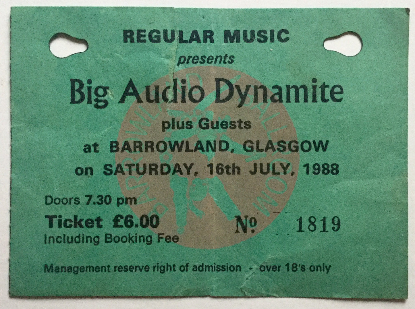 Big Audio Dynamite Original Used Concert Ticket Barrowlands Glasgow 1988