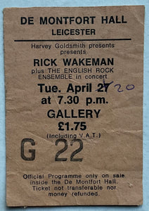 Rick Wakeman Original Used Concert Ticket De Montfort Hall Leicester 20th Apr 1976