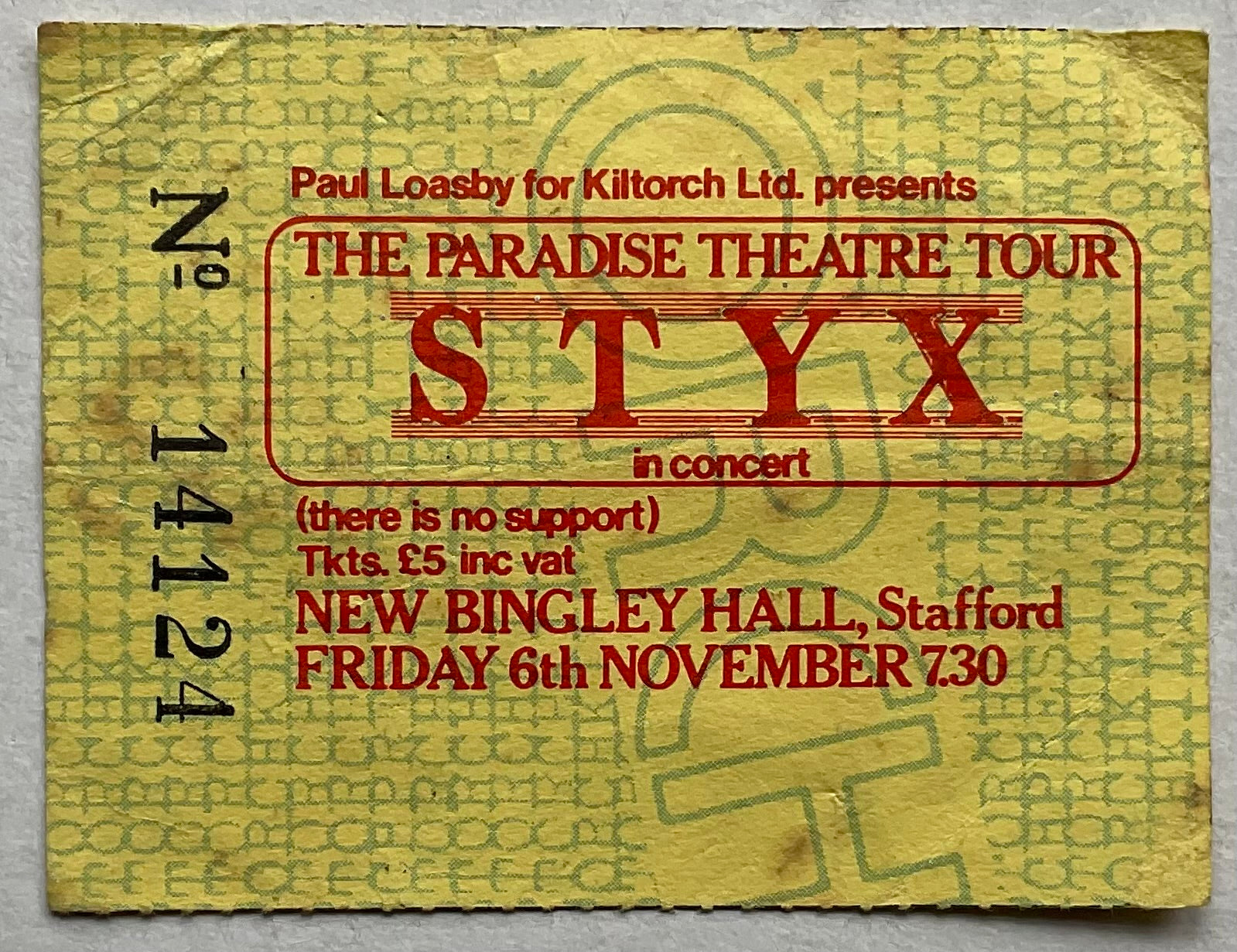 Styx Original Used Concert Ticket New Bingley Hall Stafford 6th Nov 1981