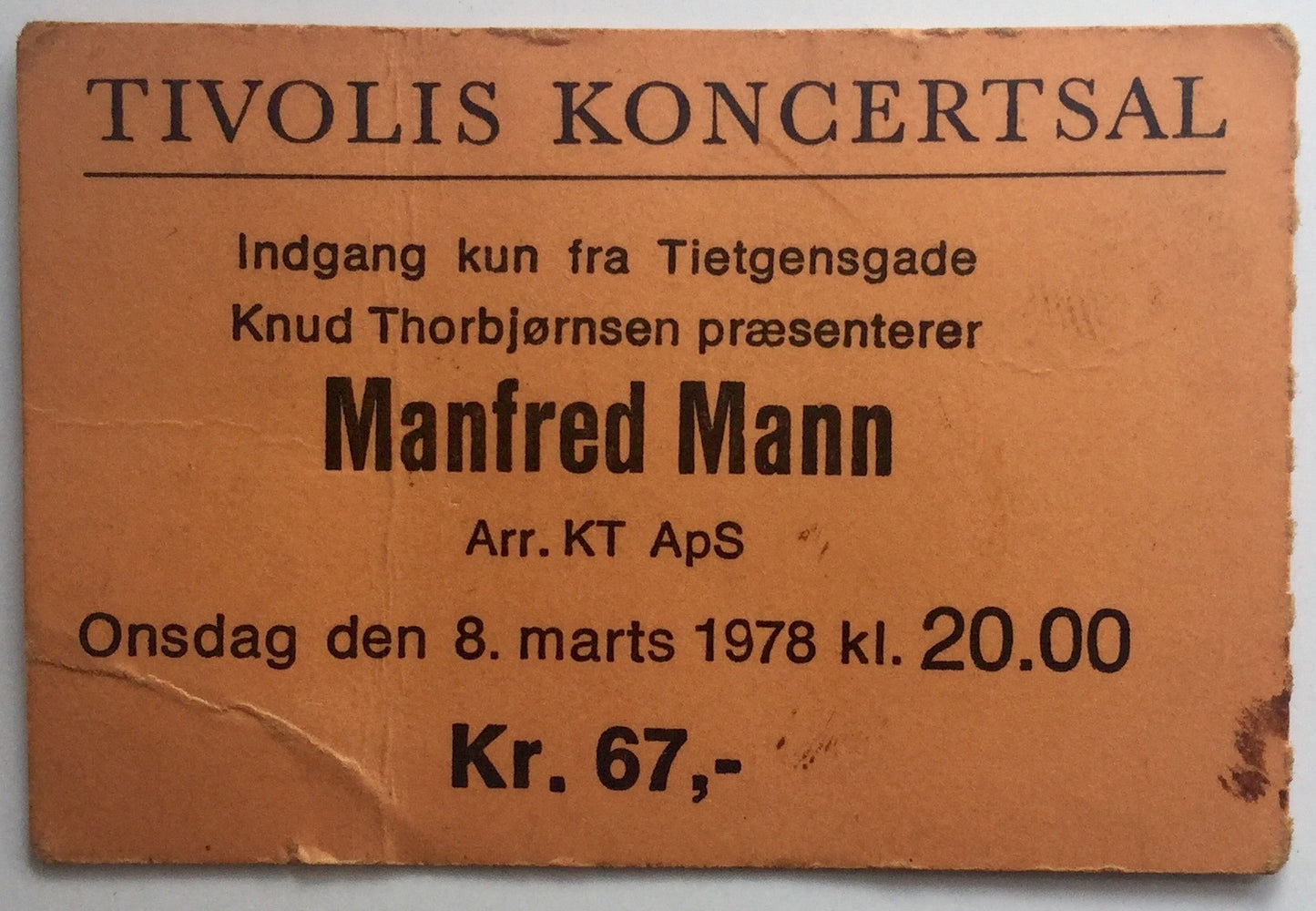 Manfred Mann Original Used Concert Ticket Tivolis Koncertsal Copenhagen 8th Mar 1978