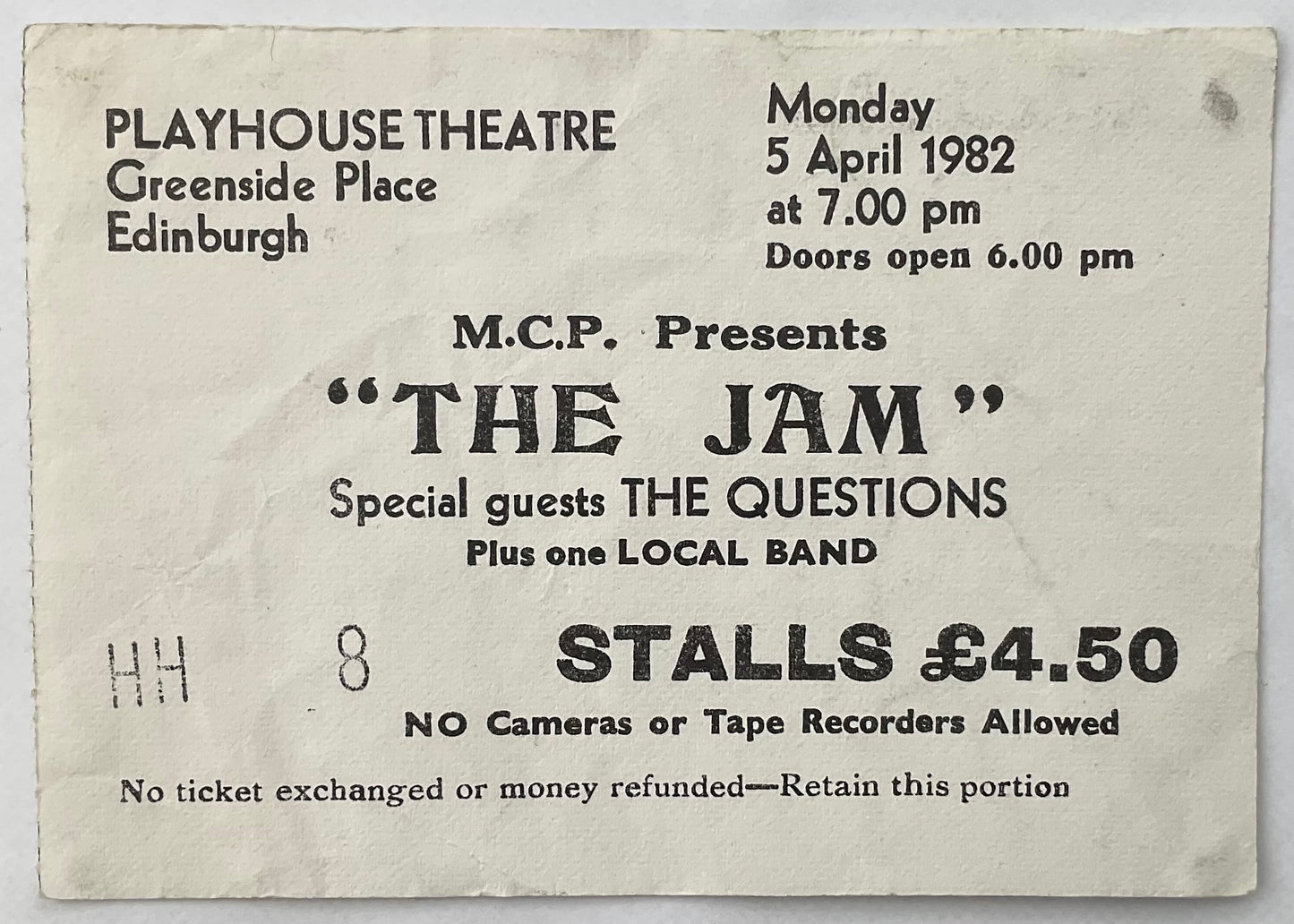 Jam Original Used Concert Ticket Playhouse Theatre Edinburgh 5th Apr 1982