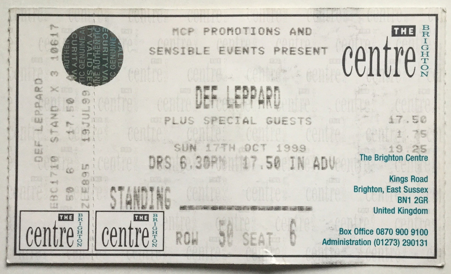 Def Leppard Original Unused Concert Ticket The Brighton Centre 17th Oct 1999