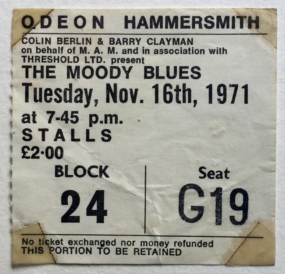 Moody Blues Original Used Concert Ticket Hammersmith Odeon London 16th Nov 1971