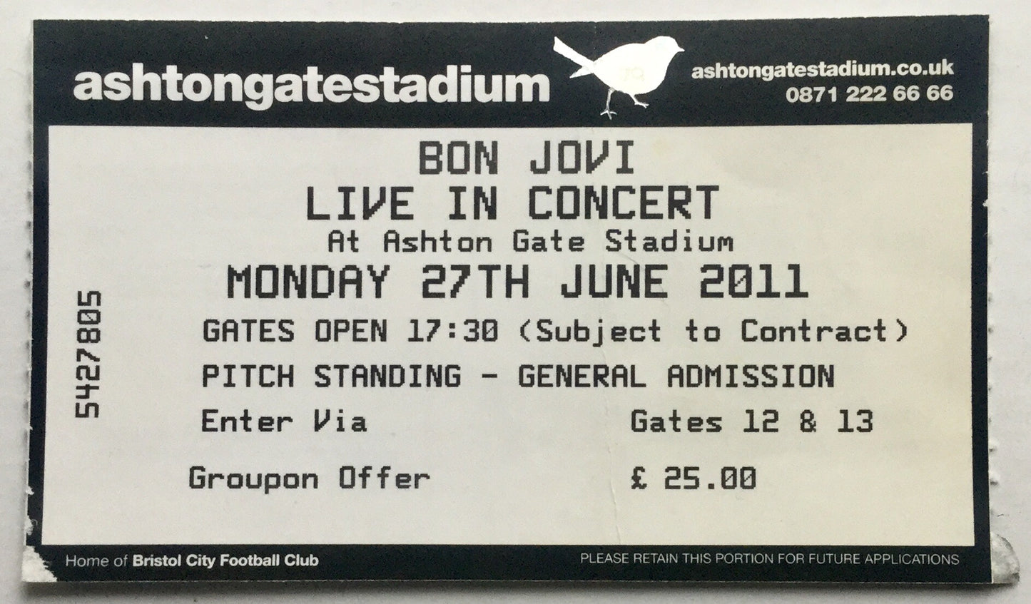 Bon Jovi Original Used Concert Ticket Ashton Gate Stadium Bristol 27th June 2011
