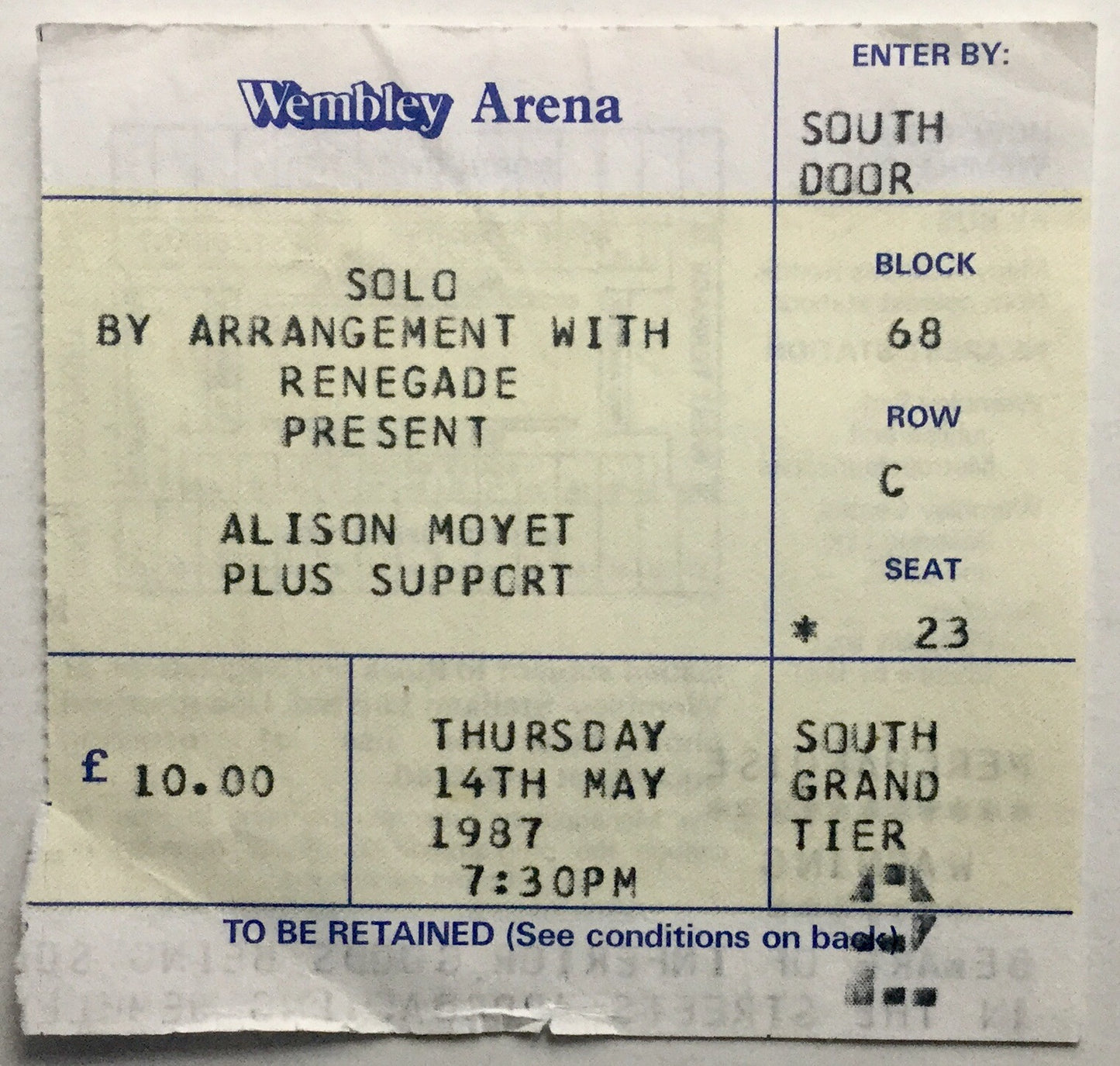 Alison Moyet Original Used Concert Ticket Wembley Arena London 14th May 1987