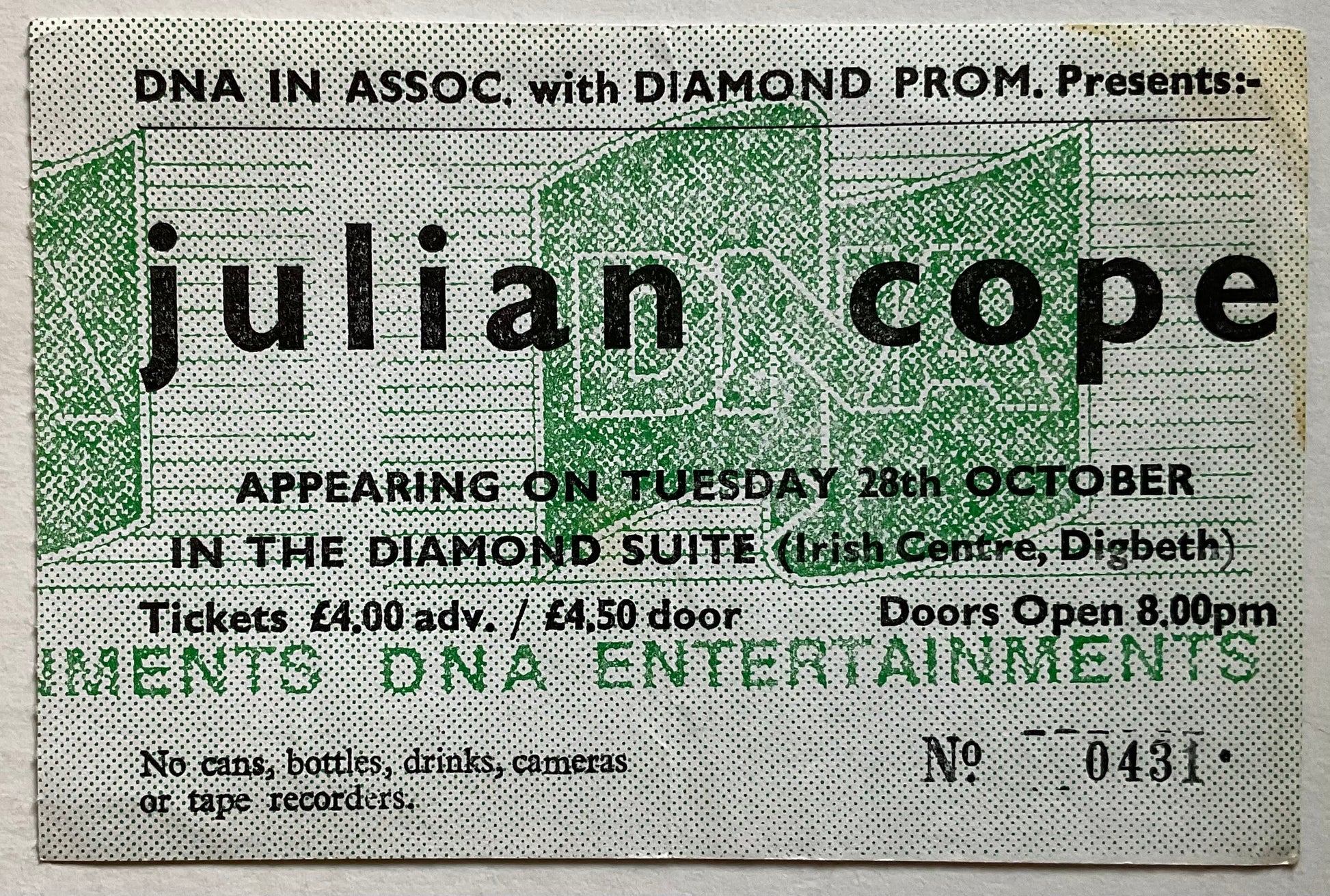Julian Cope Original Used Concert Ticket Irish Centre Digbeth 28th Oct 1986
