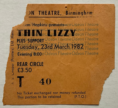 Thin Lizzy Original Used Concert Ticket Odeon Theatre Birmingham 23rd Mar 1982