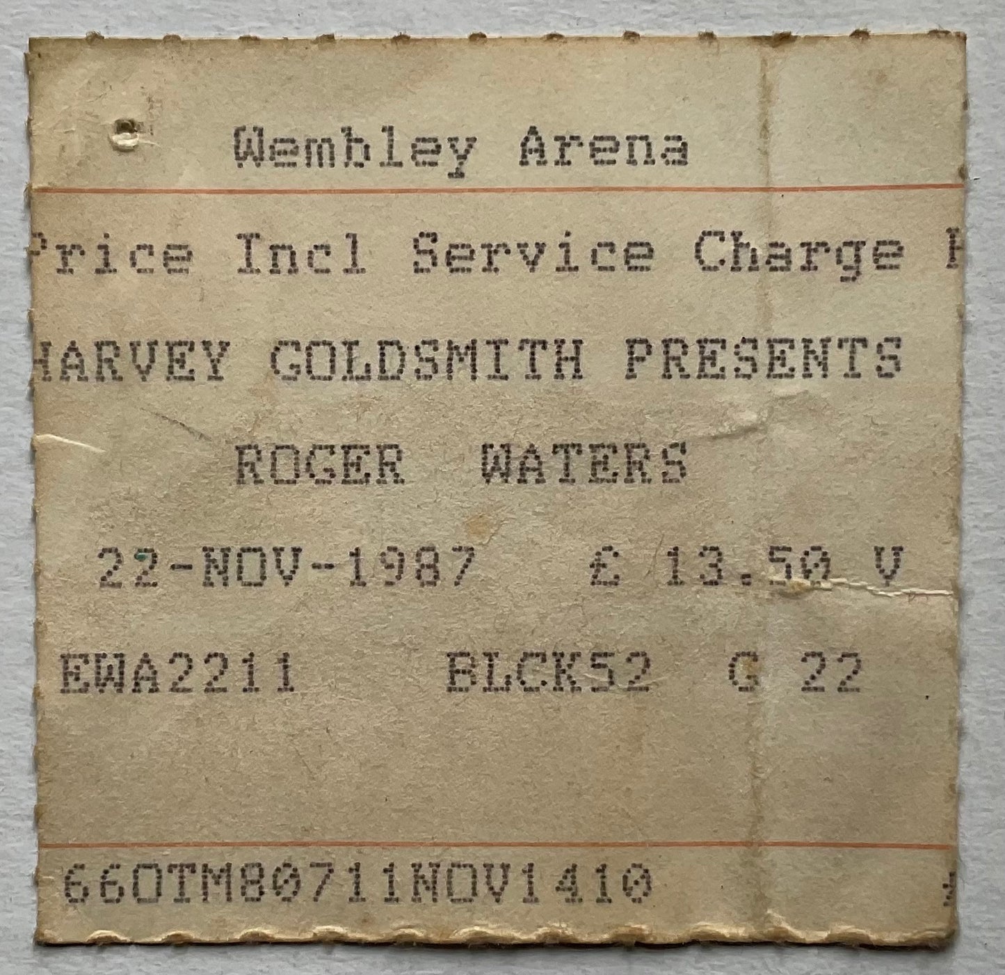 Pink Floyd Roger Waters Original Used Concert Ticket Wembley Arena London 22nd Nov 1987