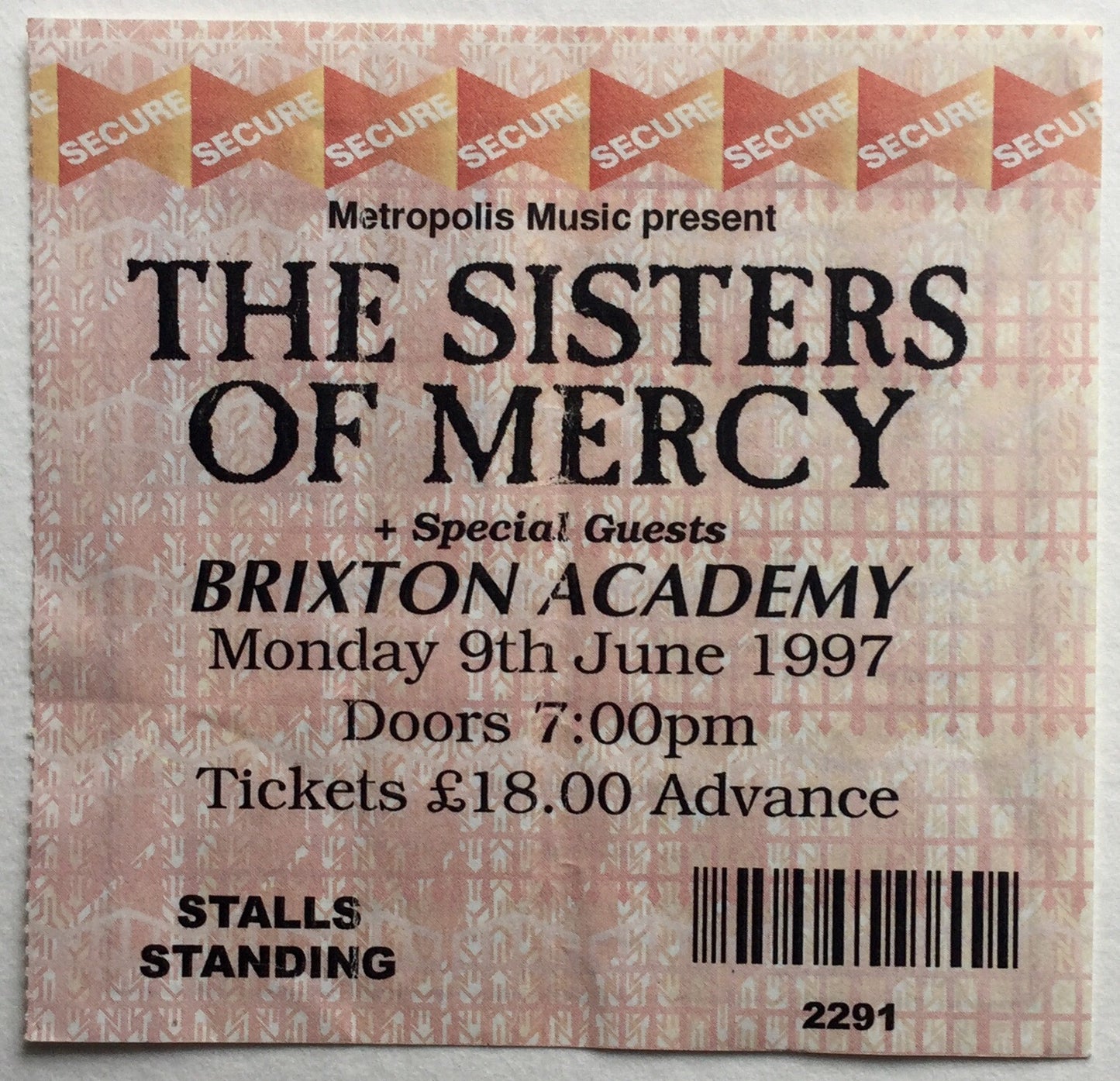 Sisters of Mercy Original Used Concert Ticket Brixton Academy London 9th June 1997