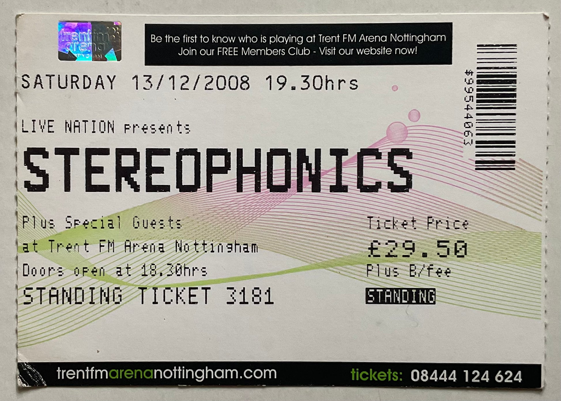 Stereophonics Original Used Concert Ticket Trent FM Arena Nottingham 13th Dec 2008