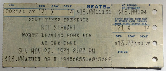 Rod Stewart Original Unused Concert Ticket Omni Theatre Atlanta 22nd Nov 1981