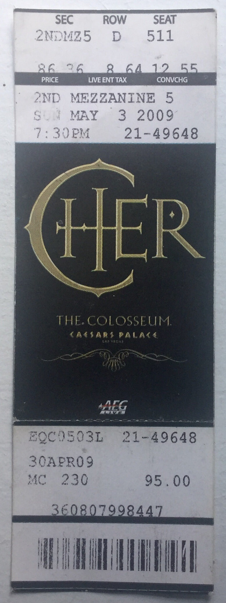 Cher Original Unused Concert Ticket Caesar’s Palace Las Vegas 3rd May 2009