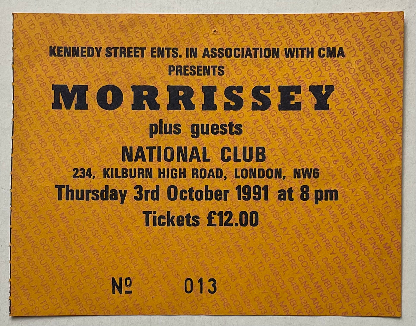 Smiths Morrissey Original Concert Ticket National Club London 3rd Oct 1991