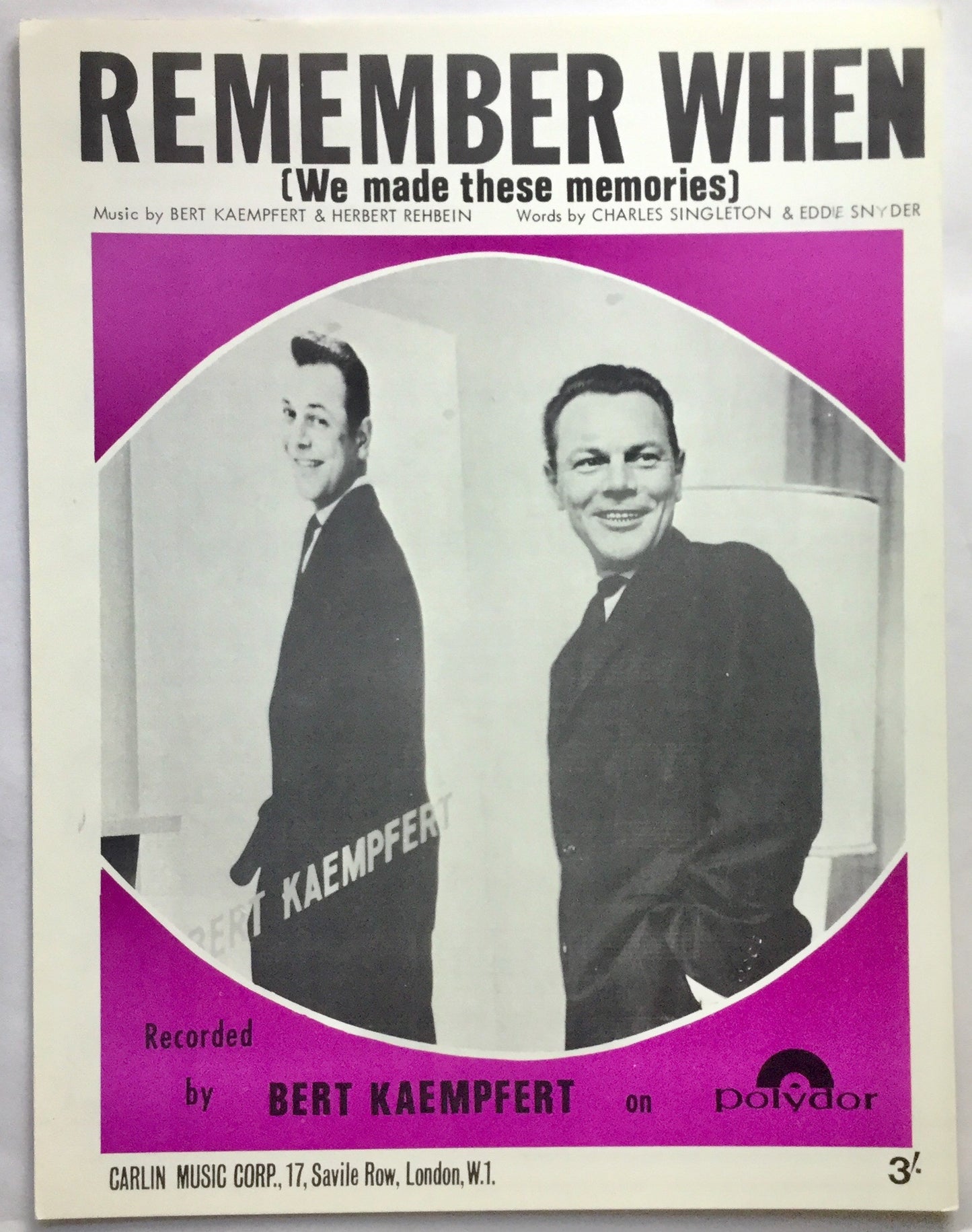 Bert Kaempfert Remember When Original Mint NOS Sheet Music 1965