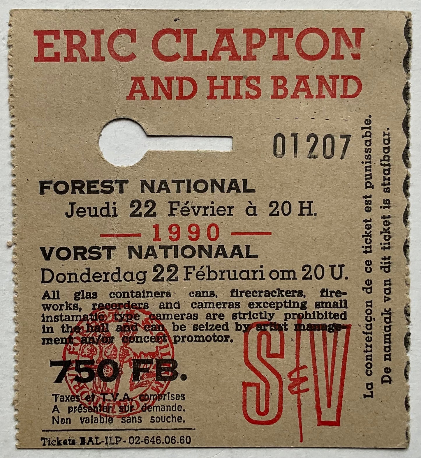 Eric Clapton Original Used Concert Ticket Forest National Brussels 22nd Feb 1990