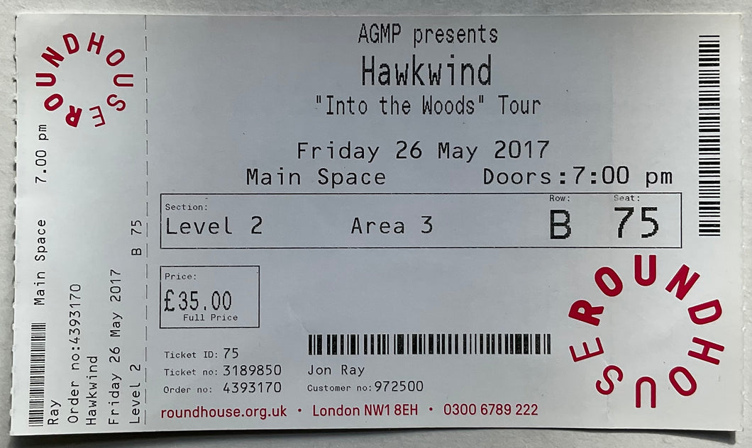 Hawkwind Original Unused Concert Ticket Roundhouse London 26th May 2017