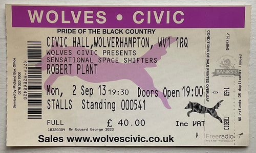 Led Zeppelin Robert Plant Original Unused Concert Ticket Civic Hall Wolverhampton 2nd Sep 2013