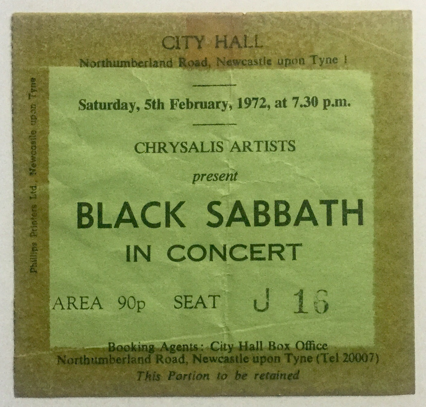 Black Sabbath Original Used Concert Ticket City Hall Newcastle 5th Feb 1972