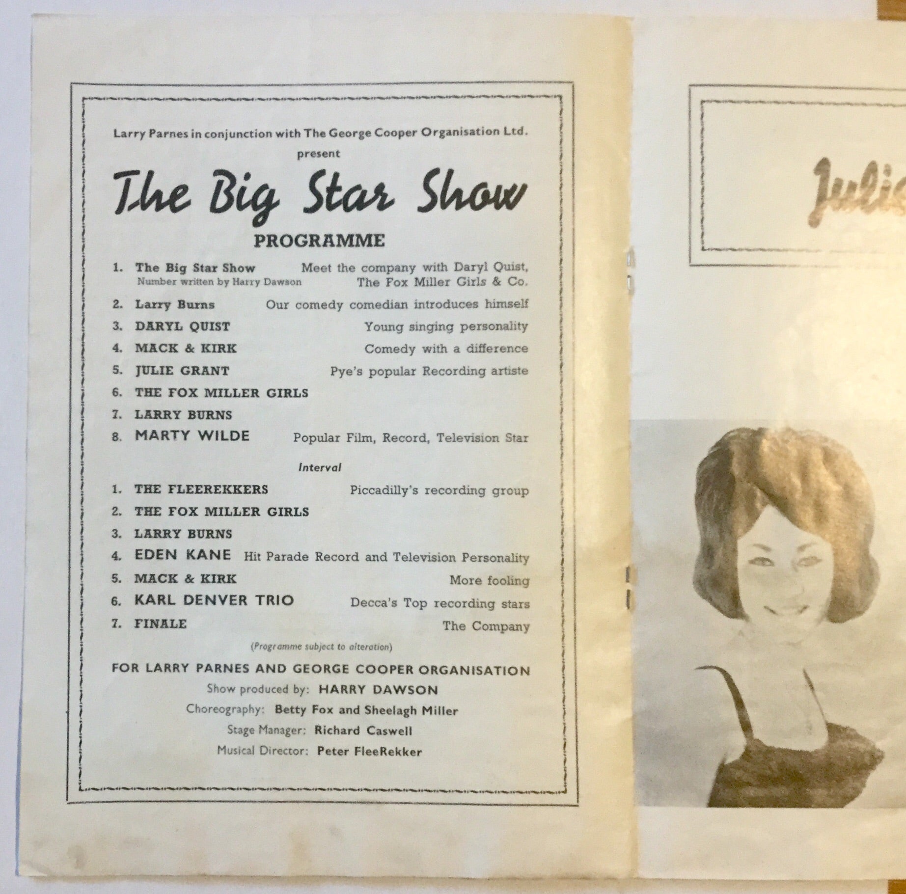 Karl Denver Trio Marty Wilde Original Concert Programme Rainbow Theatre 1963