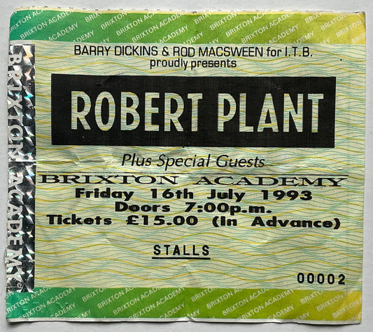 Led Zeppelin Robert Plant Original Used Concert Ticket Brixton Academy London 16th July 1993