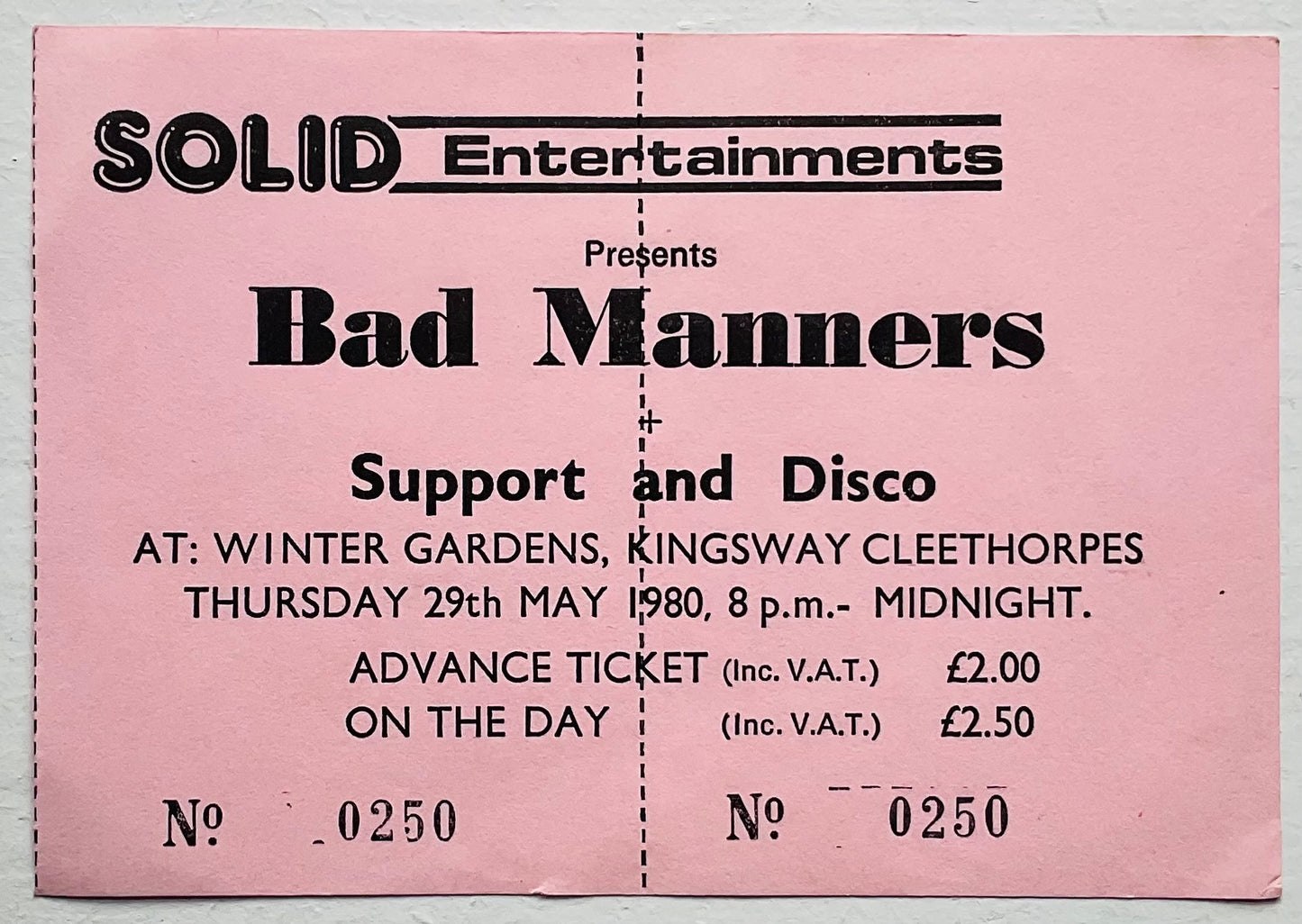 Bad Manners Original Unused Concert Ticket Winter Gardens Cleethorpes 29th May 1980