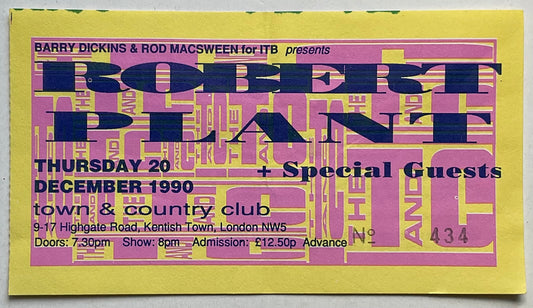 Led Zeppelin Robert Plant Original Used Concert Ticket Town & Country Club London 20th Dec 1990