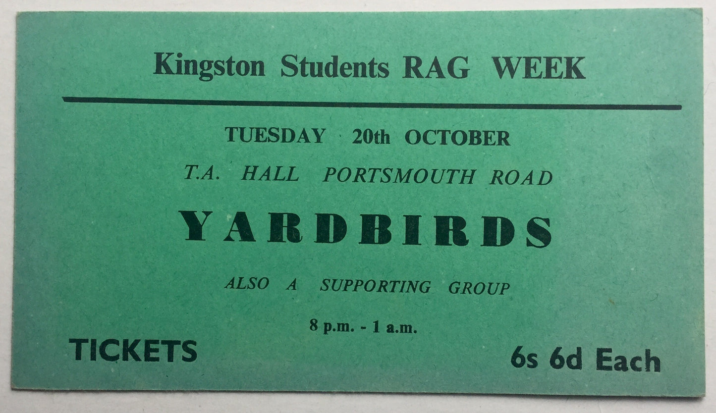 Yardbirds Eric Clapton Original Large Concert Ticket T.A. Hall School of Art Kingston 20th Oct 1964