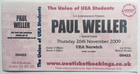 Paul Weller Original Unused Concert Ticket UEA Norwich 26th Nov 2009