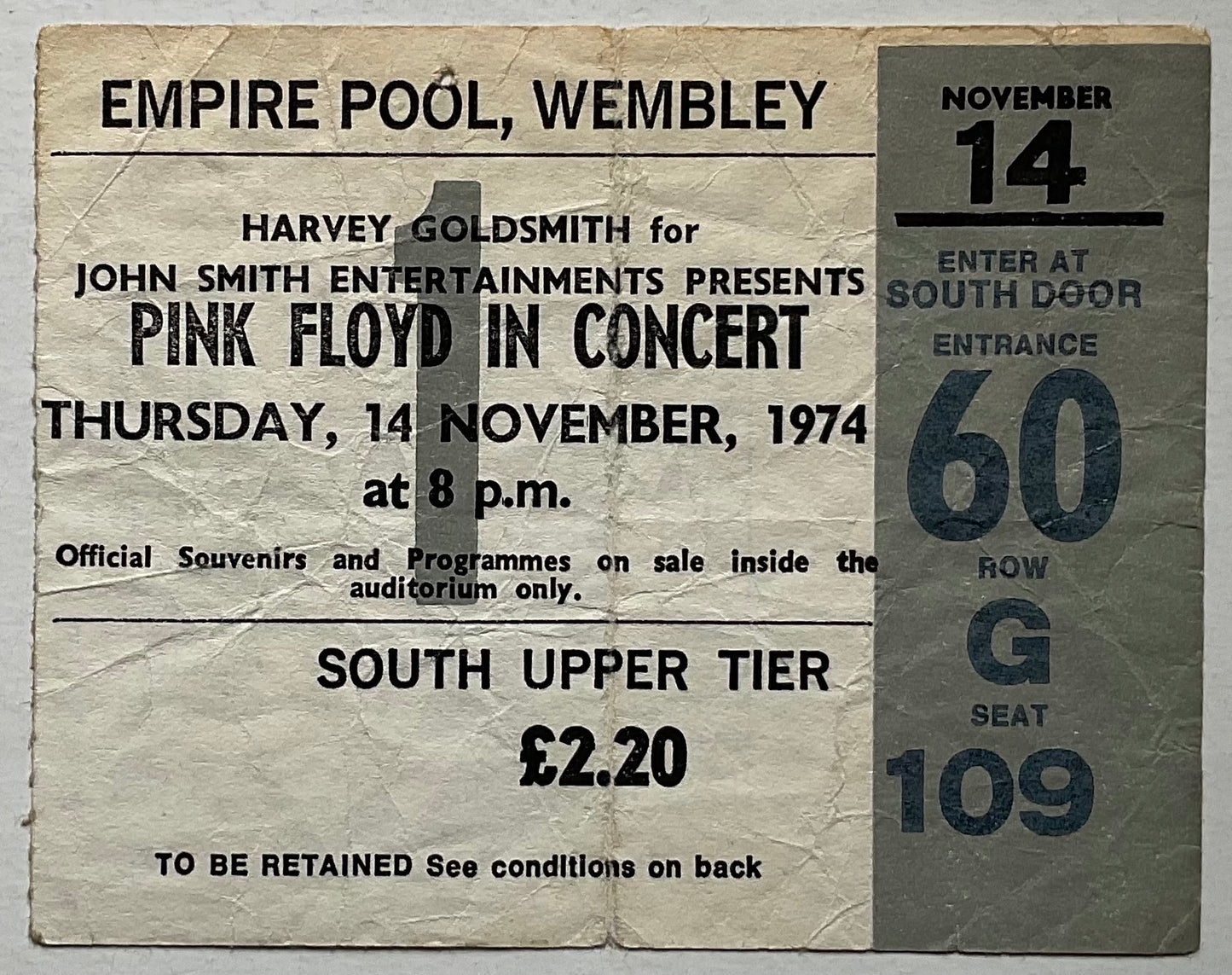 Pink Floyd Original Used Concert Ticket Empire Pool Wembley London 14th Nov 1974