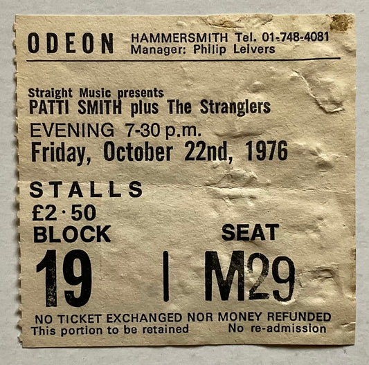 Stranglers Patti Smith Original Early Used Concert Ticket Hammersmith Odeon London 22nd Oct 1976