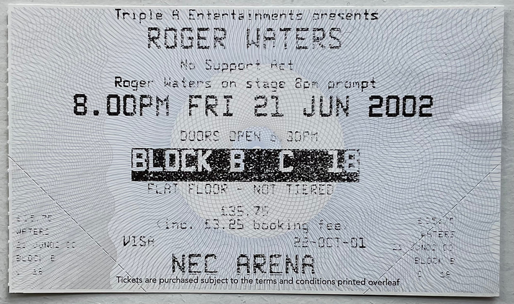 Pink Floyd Roger Waters Original Used Concert Ticket NEC Arena Birmingham 21st Jun 2002