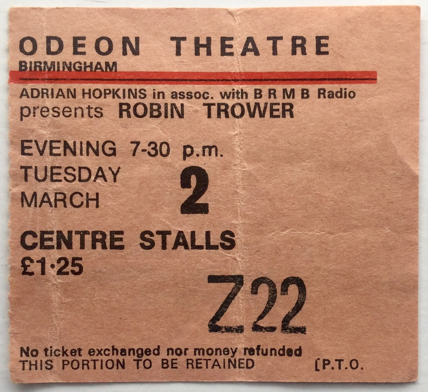 Procol Harum Robin Trower Original Used Concert Ticket Odeon Theatre Birmingham 2nd Mar 1976