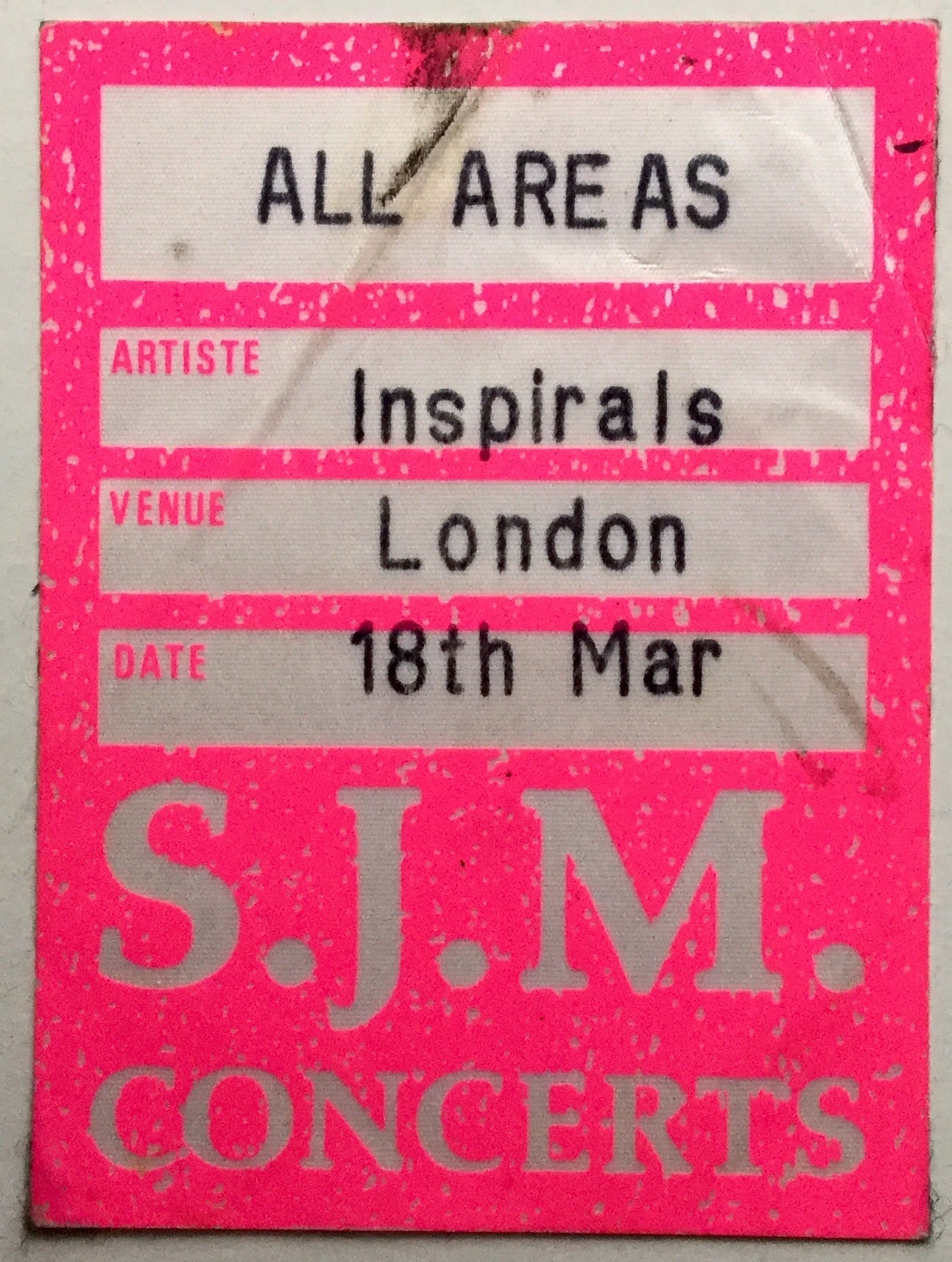 Inspiral Carpets Original Unused Backstage Pass Concert Ticket Astoria London 18th Mar 1994