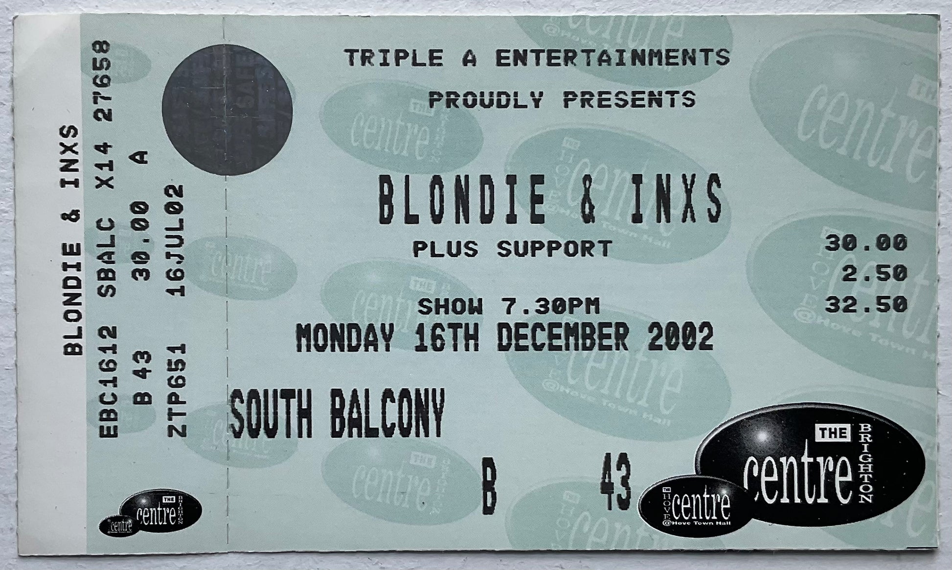 Blondie INXS Original Unused Concert Ticket Brighton Centre 16th Dec 2002