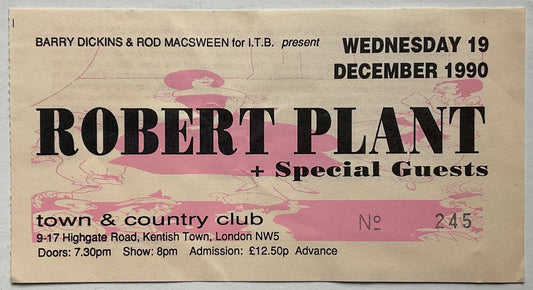 Led Zeppelin Robert Plant Original Used Concert Ticket Town & Country Club London 19th Dec 1990