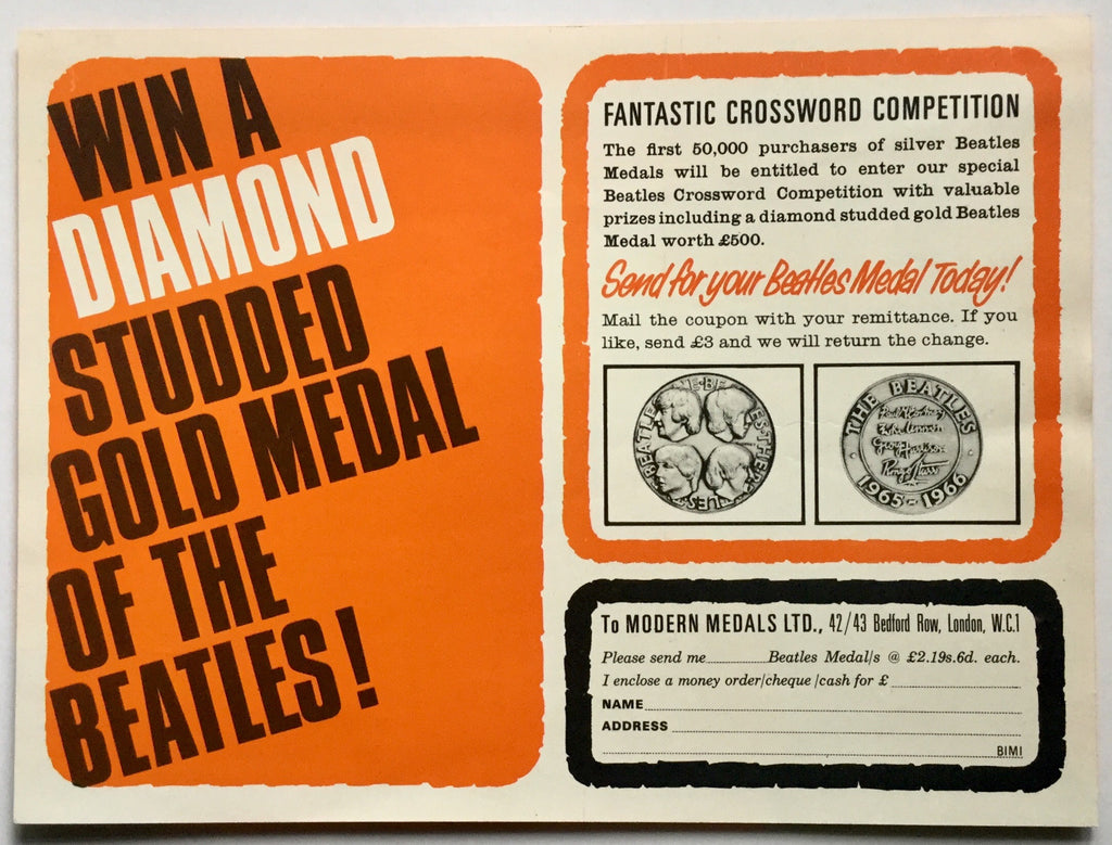 Beatles Silver Medal Promotional Handbill Flyer Modern Medals Ltd 1965