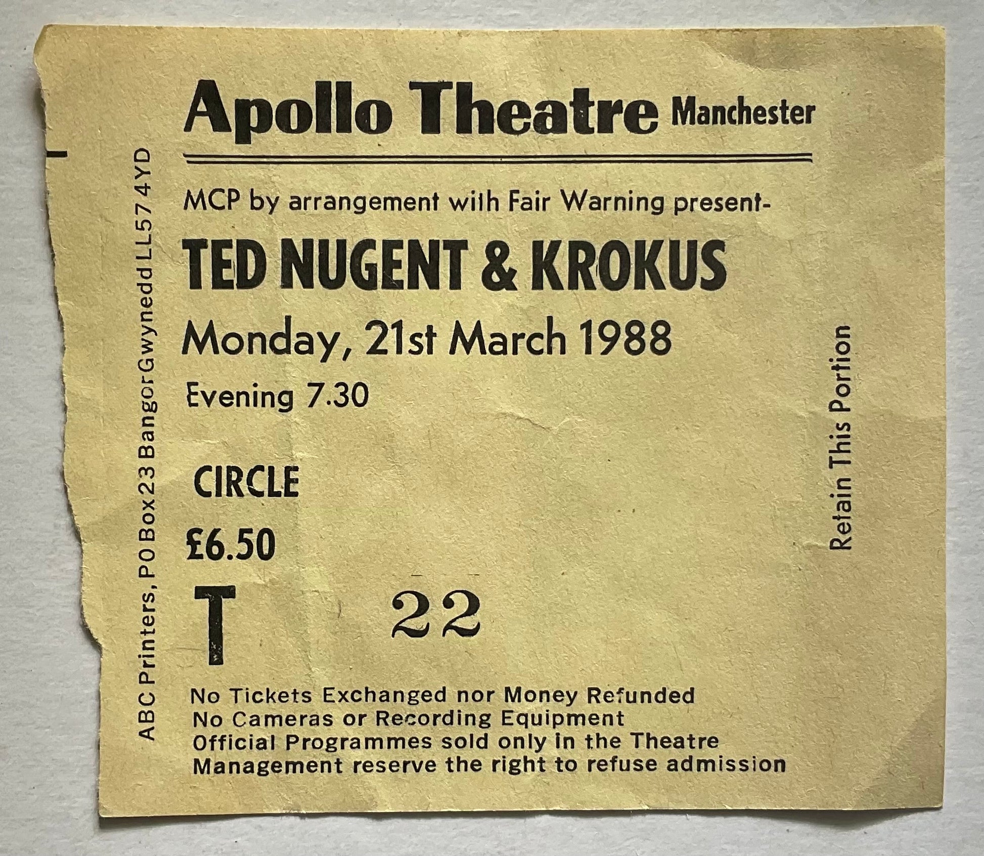 Ted Nugent Krokus Original Used Concert Ticket Apollo Theatre Manchester 21st Mar 1988